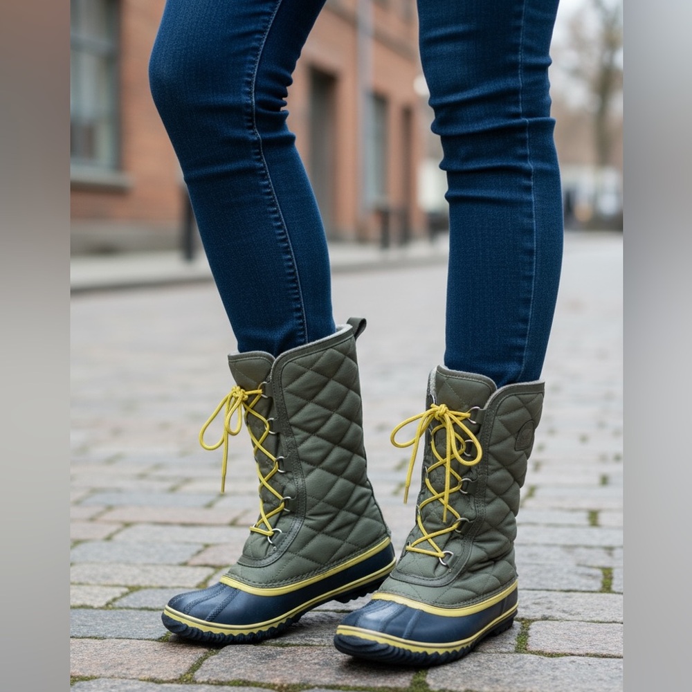 Sorel 6 waterproof Boot Lace Up Green Yellow High Insulated